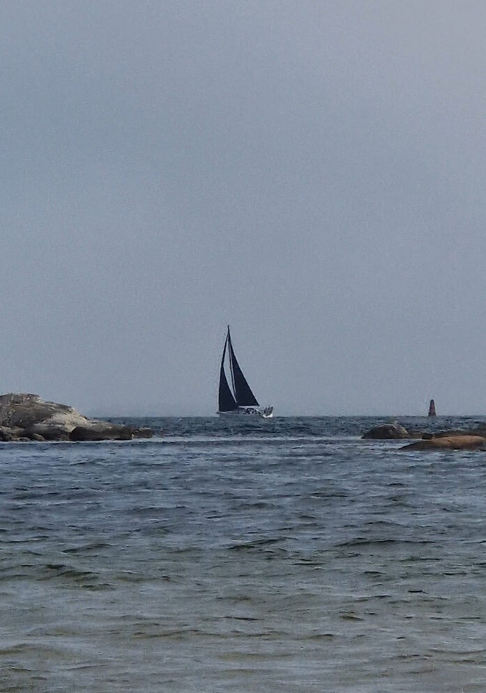 Disig vy från Trouvillestranden, Sandön med segelbåt i fjärran